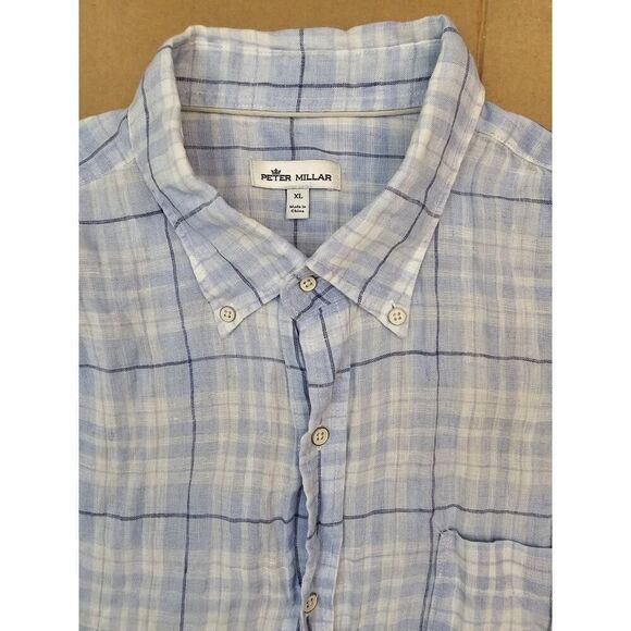 Peter Millar Linen Sport Shirt Men's XL Plaid Crown Sport Button Up Blue - Picture 10 of 13